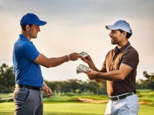 Two golfers exchanging money on the course